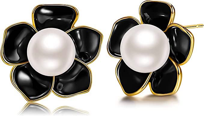 18K Gold White Pearl & Black Enamel Post Earrings