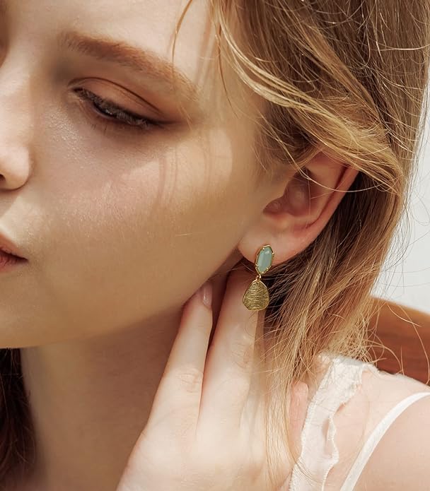 18k Gold Geometric Sea Green Earrings