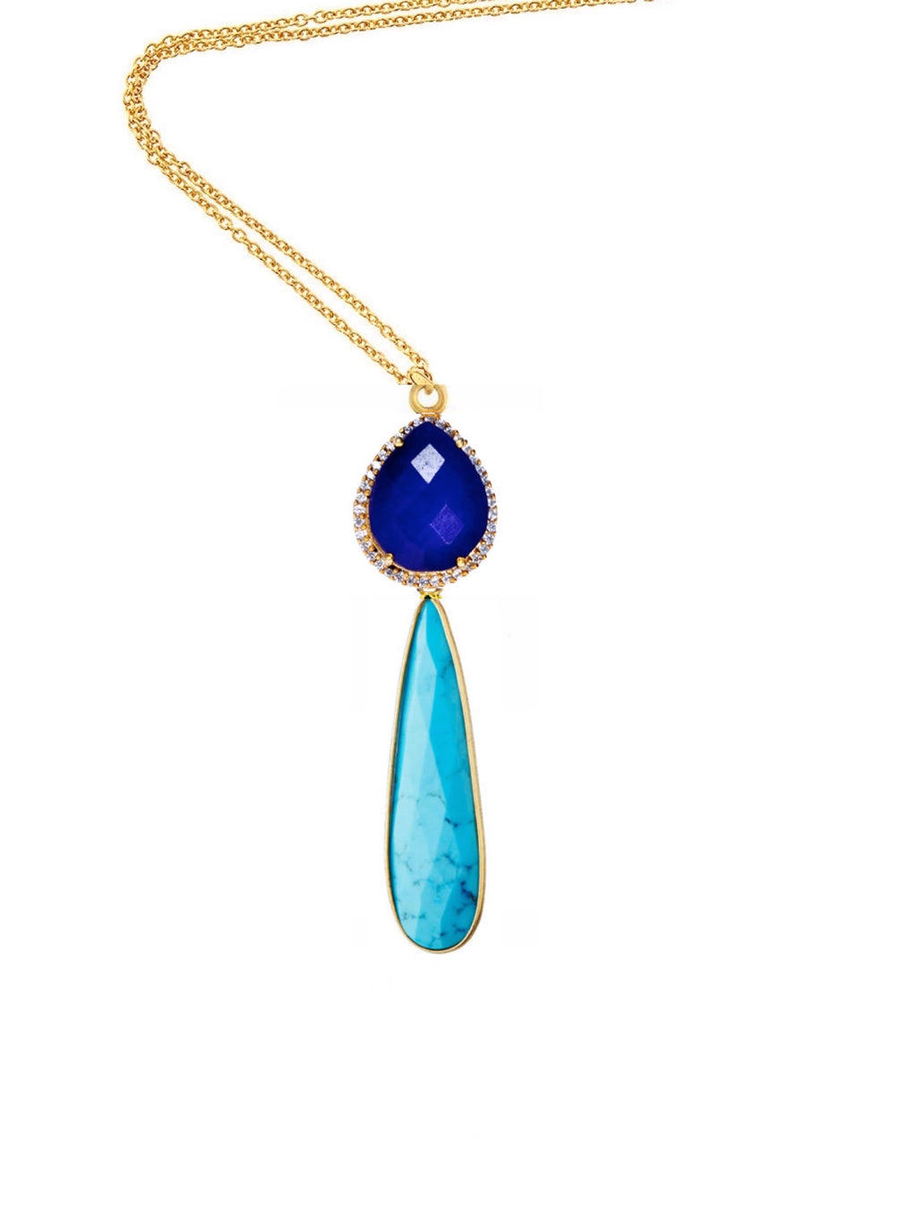 18k Gold Sapphire & Turquoise Embellished Pear Drop Necklace