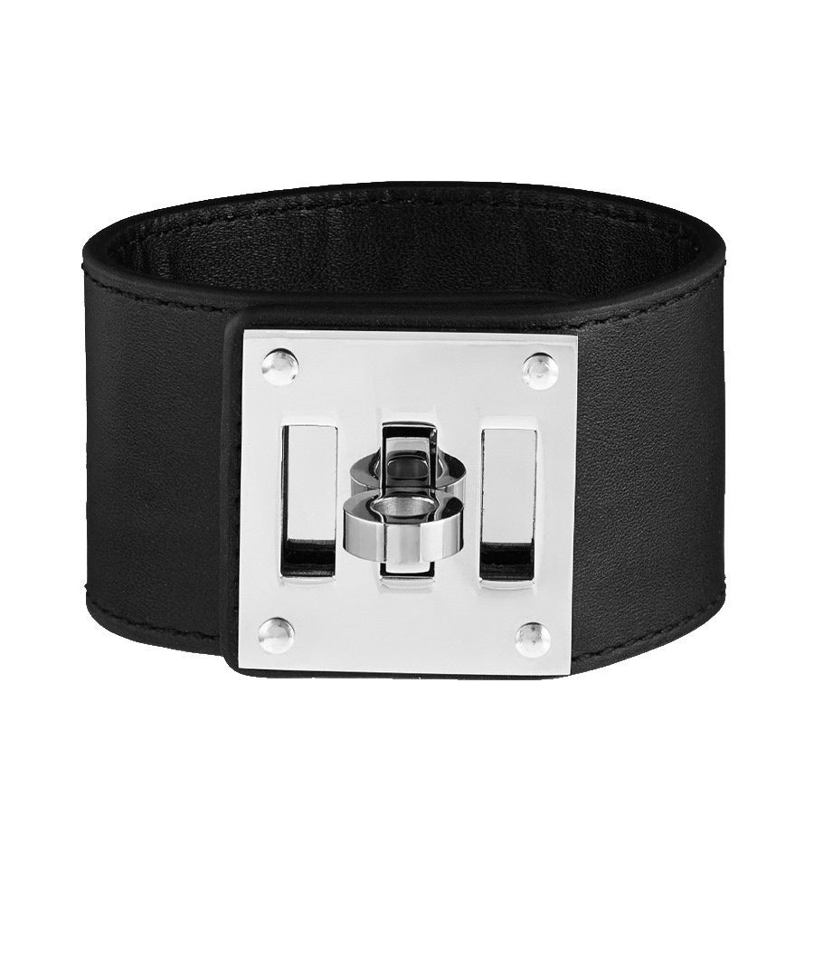 18K Gold Plated Black Leather Cuff Lock Bracelet Liv Oliver