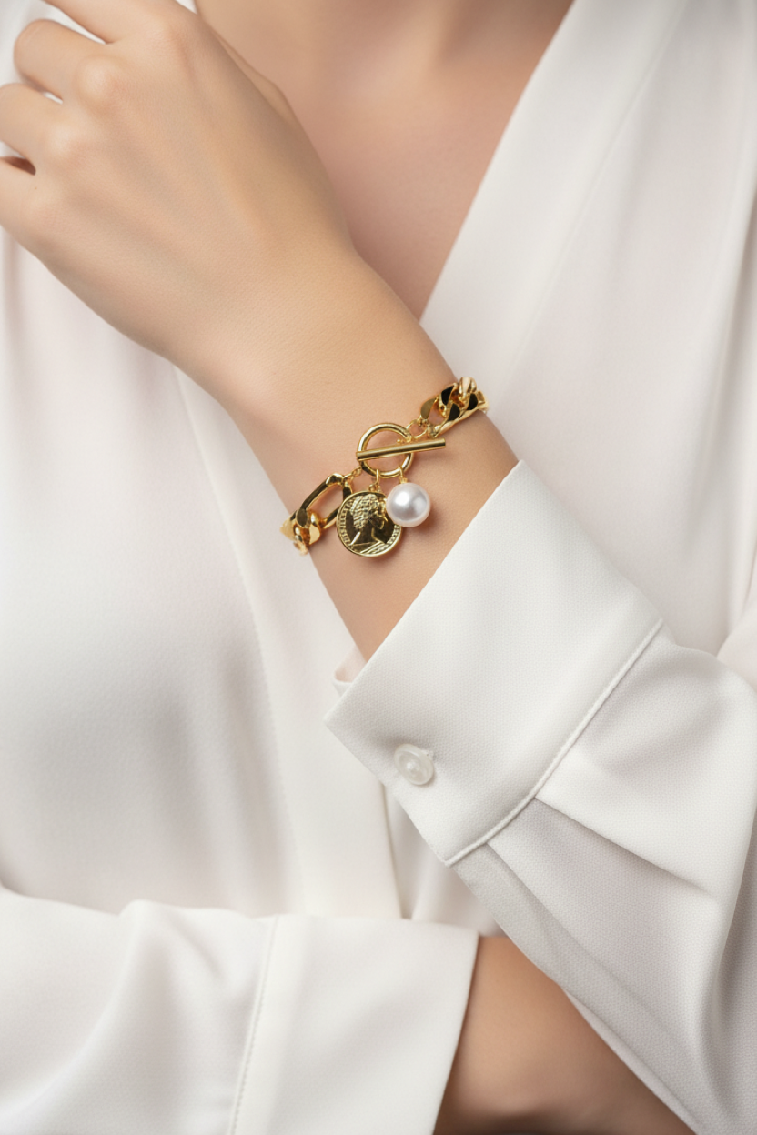 18K Gold & Pearl Coin Charm Bracelet