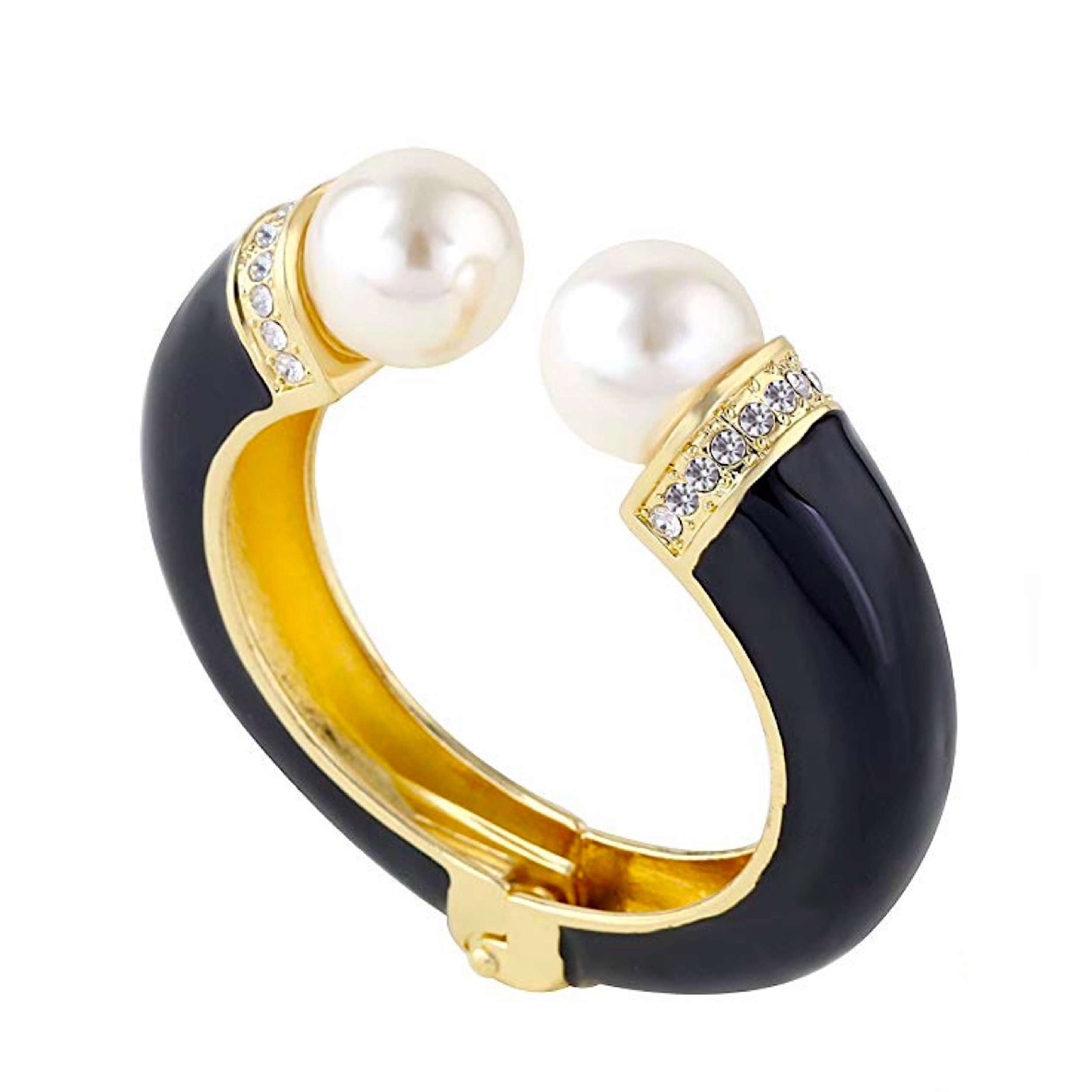 18K Gold Black Enamel & Pearl Cuff Bangle