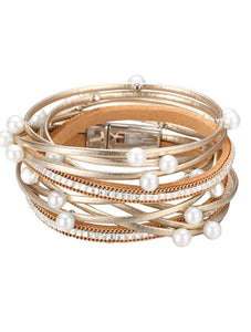 18K Gold White Multi Wrap Pearl Bracelet
