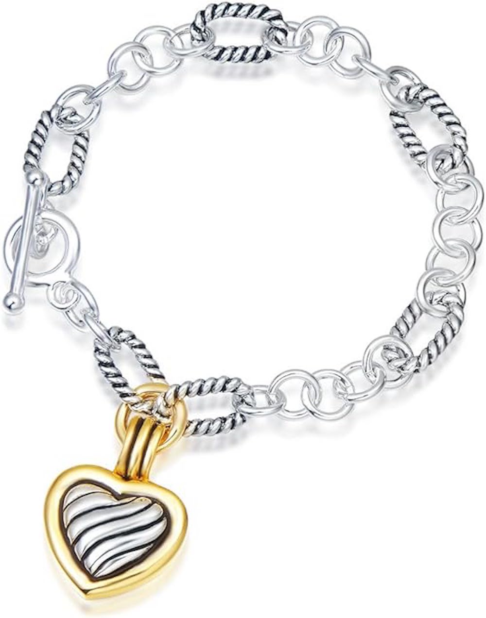 18k Gold Two Tone Textured Link Love Charm Bracelet