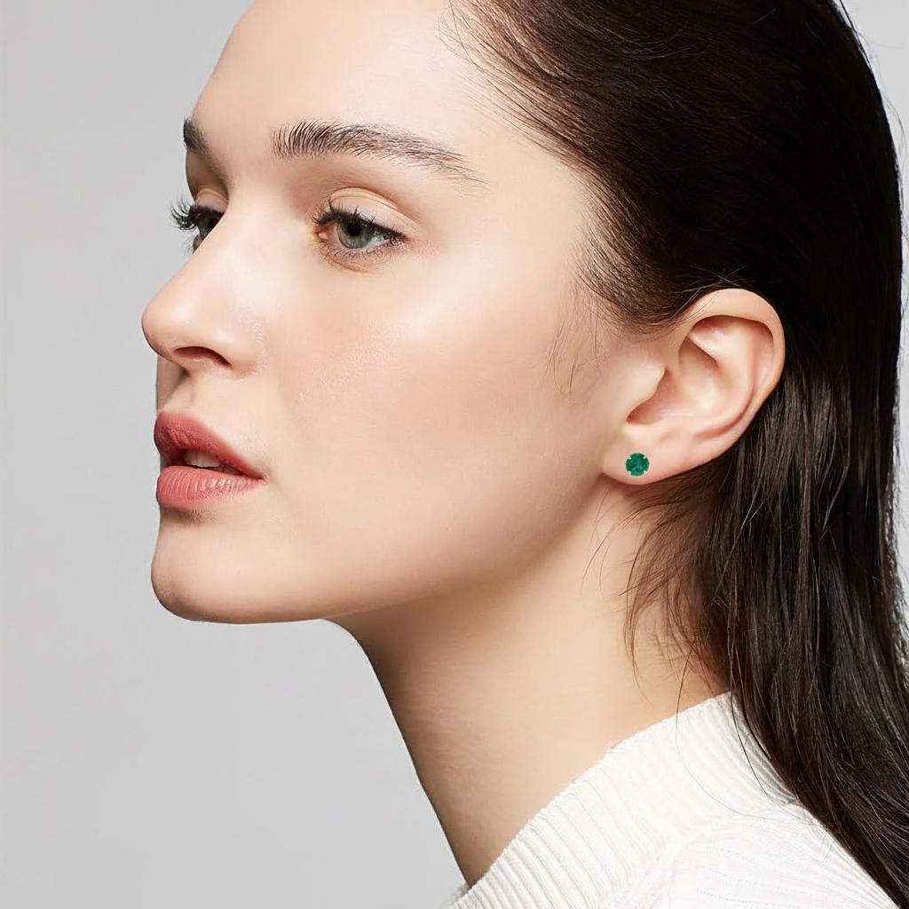 14k Solid Gold Emerald Stud Earrings