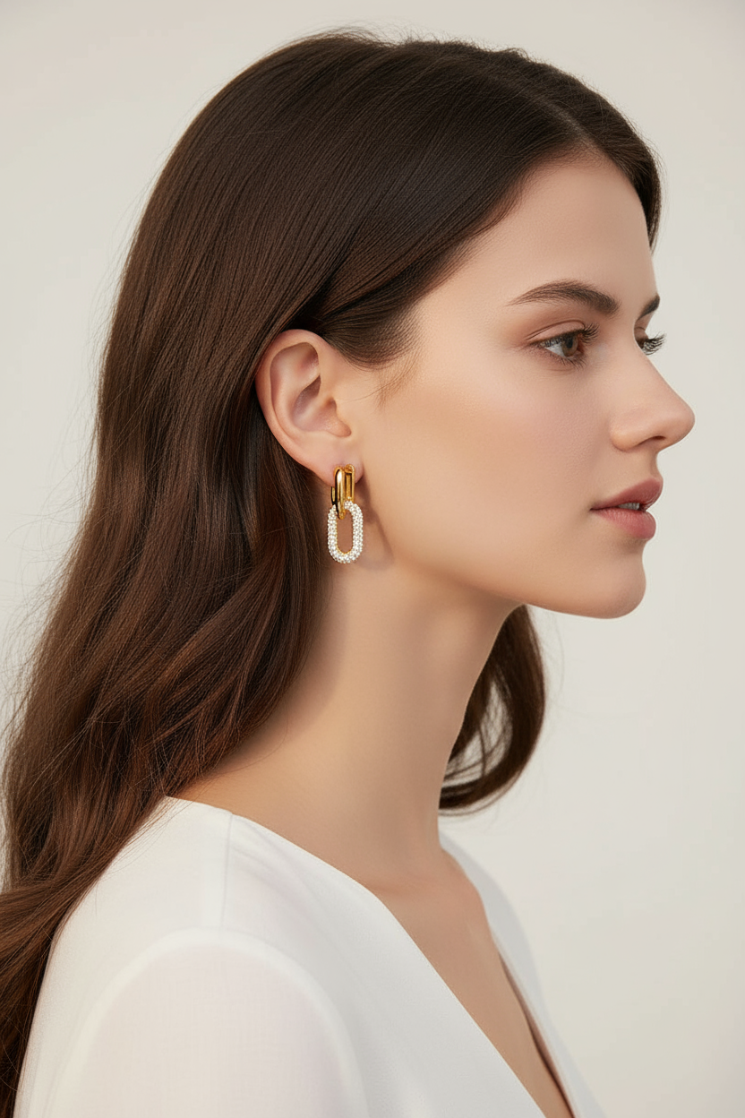 18k gold Embellished Oval Link Earrings
