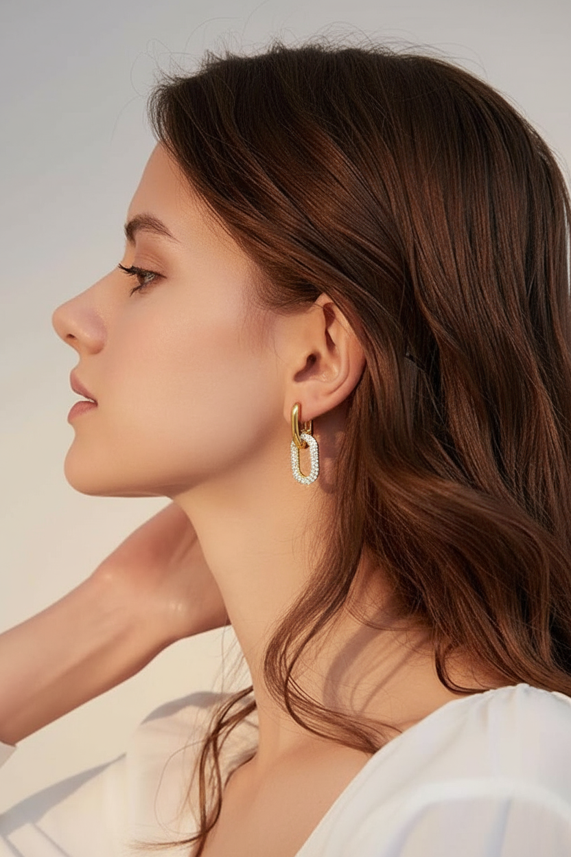18k gold Embellished Oval Link Earrings