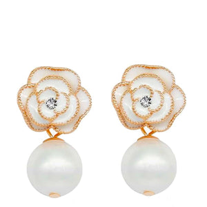 18K Gold Flower Pearl Drop Earrings