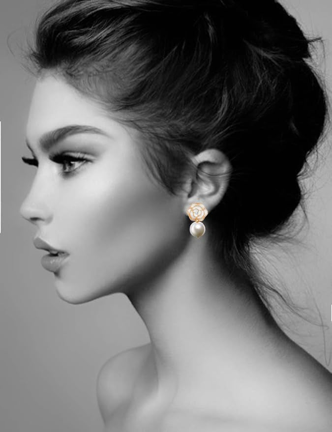 18K Gold Flower Pearl Drop Earrings