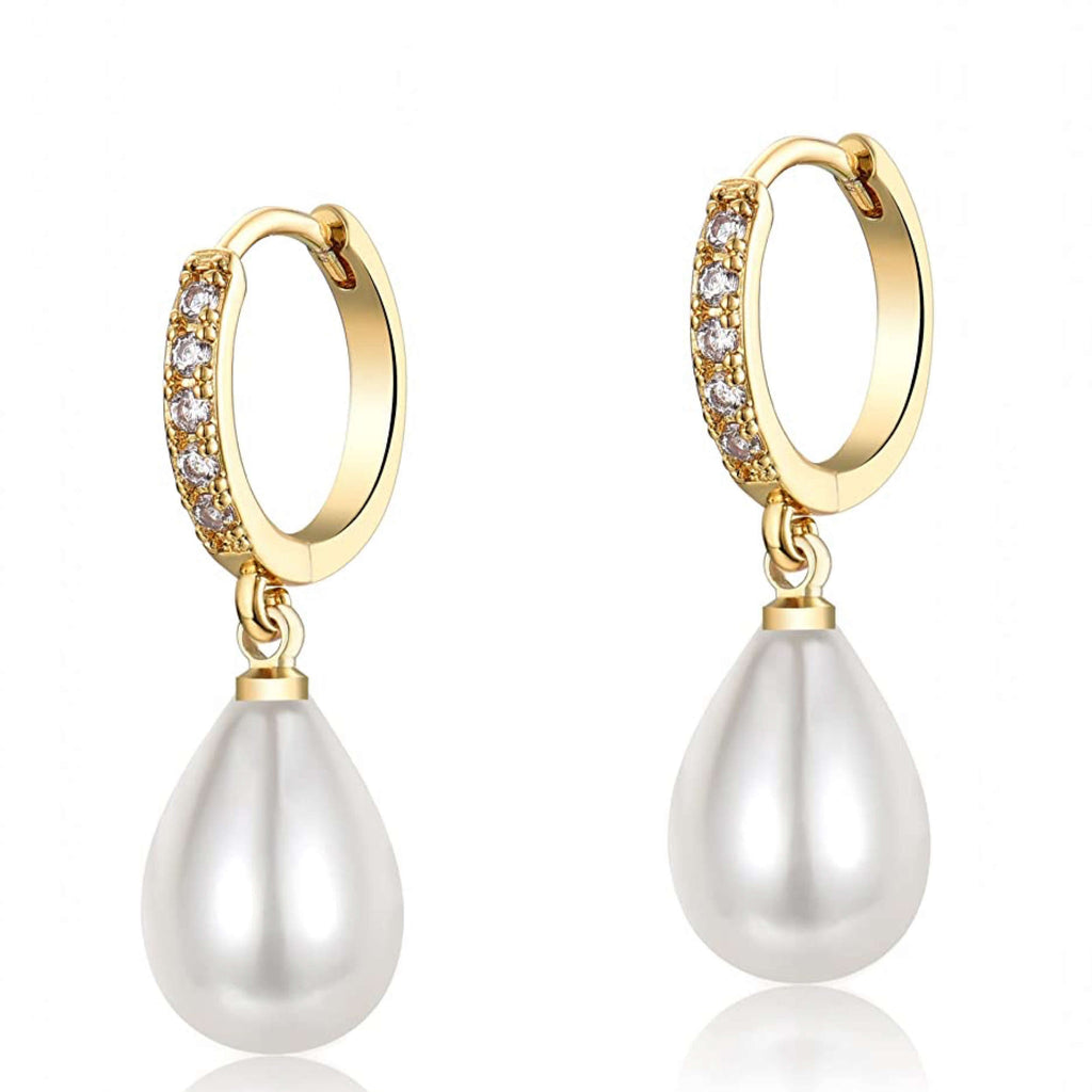 18K Gold Cz & Pearl Drop Earrings