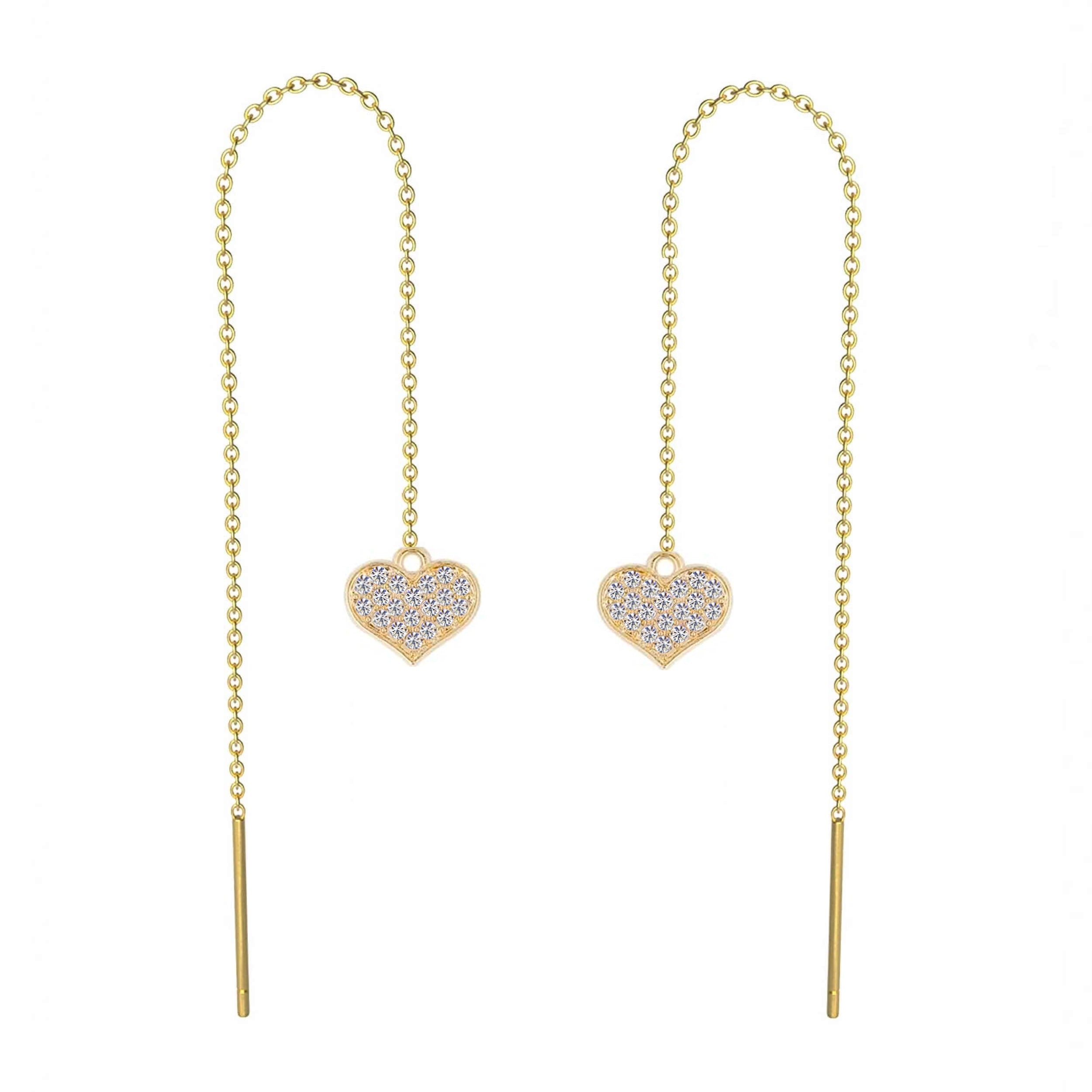 18K Gold Pave Heart Drop Threader Earrings