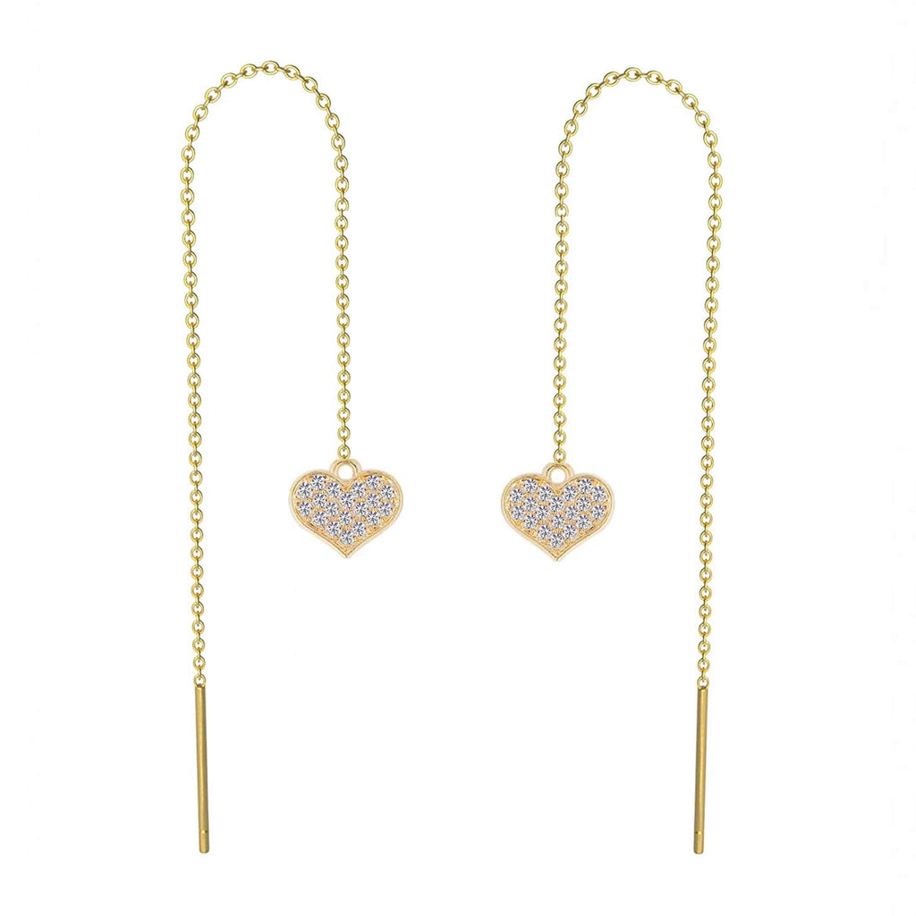 18K Gold Pave Heart Drop Threader Earrings