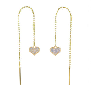 18K Gold Pave Heart Drop Threader Earrings