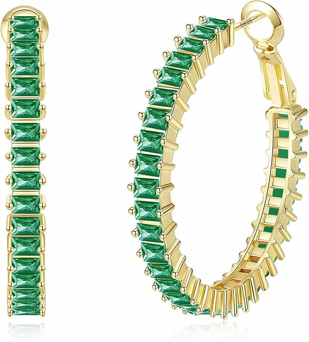 18K Gold Green Emerald Cut hoop earrings