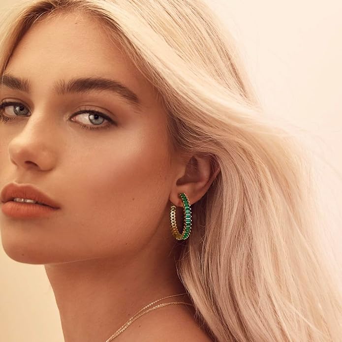 18K Gold Green Emerald Cut hoop earrings