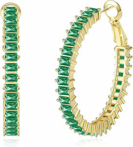 18K Gold Green Emerald Cut hoop earrings
