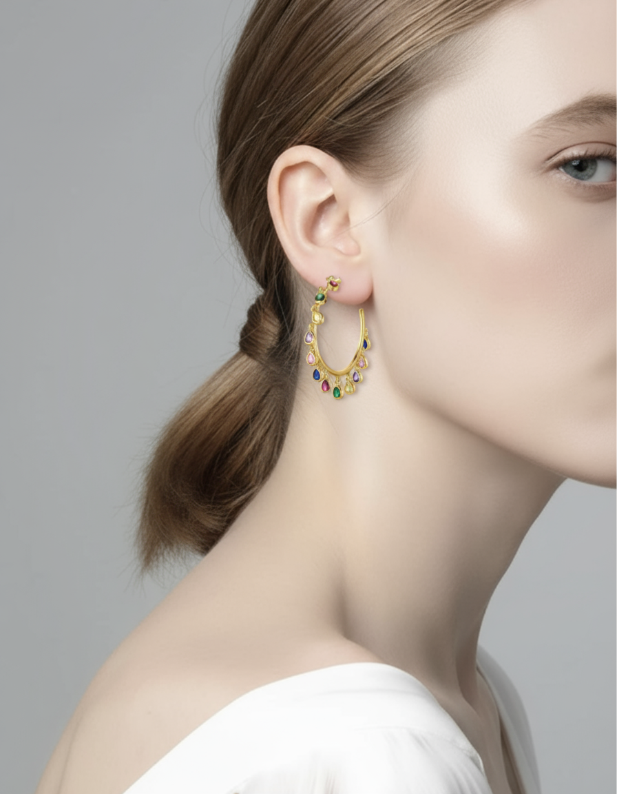 18k Gold Multi Color Hoop Charm Earrings