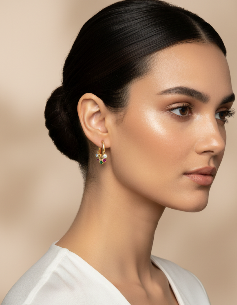 18k Gold Turquoise Drop Hoop Charm Earrings