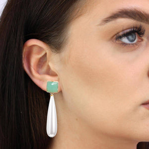 18k Gold Sea Green & Pearl Tear Drop Earrings