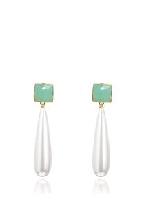 18k Gold Sea Green & Pearl Tear Drop Earrings