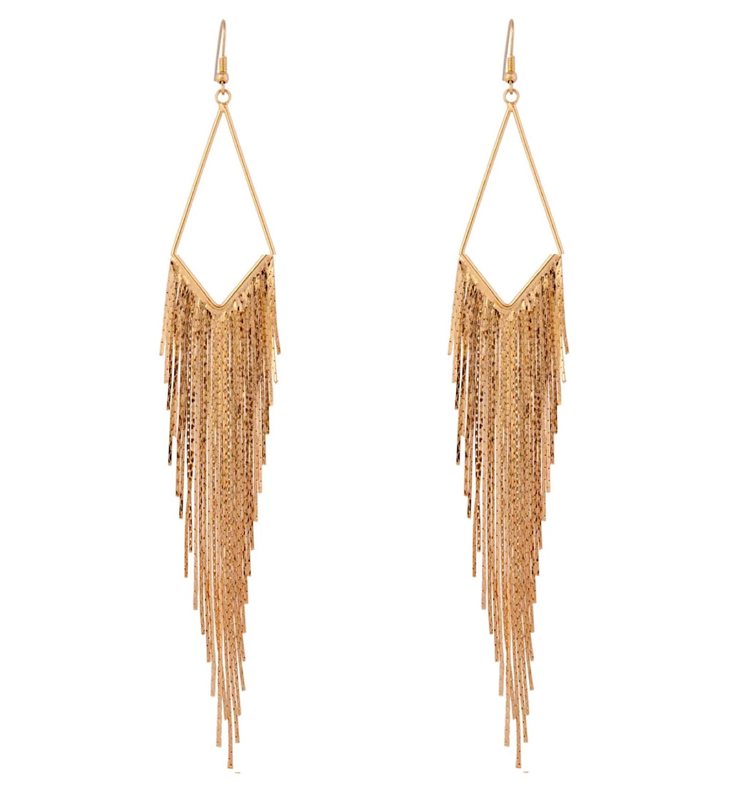 18K Gold Long Tassel Marquise Earrings