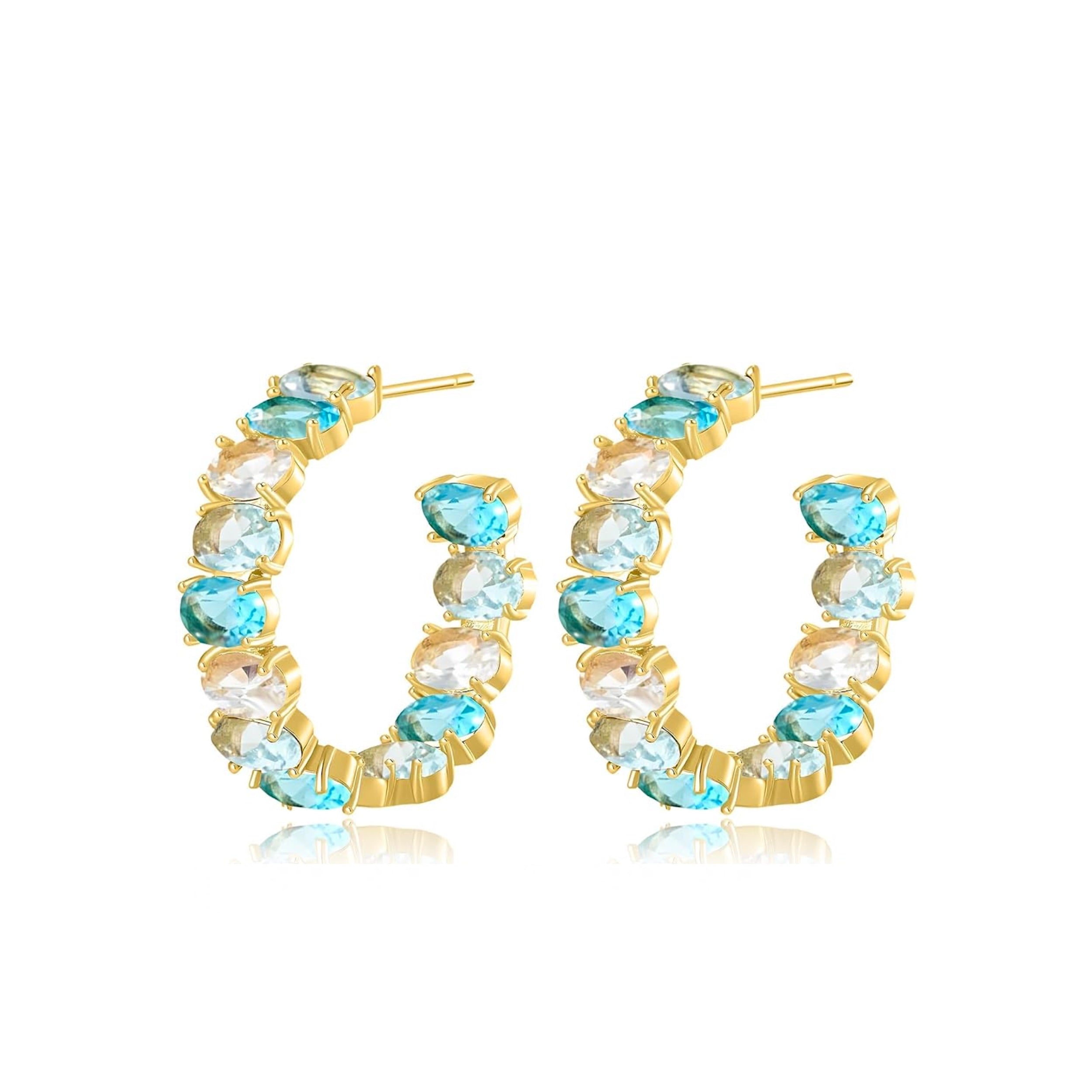 18K Gold Multi Blue Oval hoop earrings