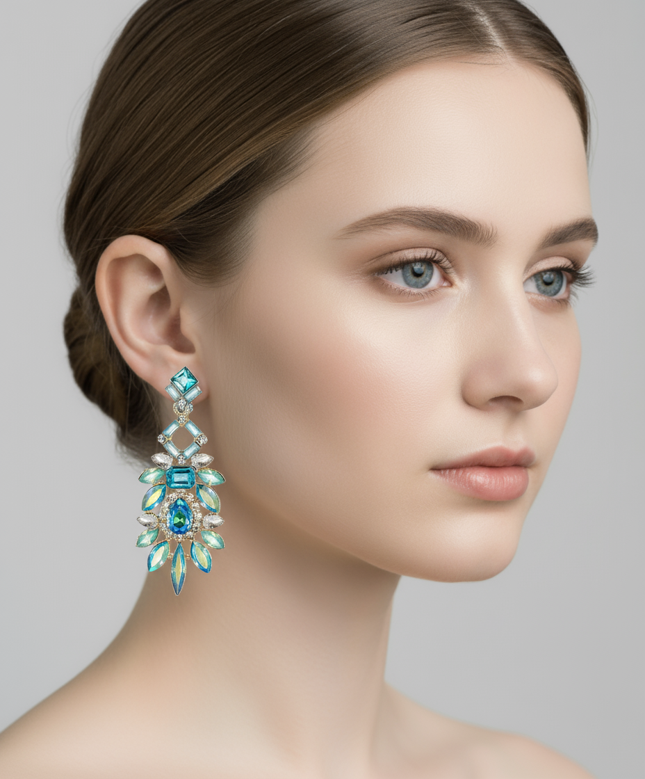 18K Gold Multi Peacock Blue Chandelier Earrings