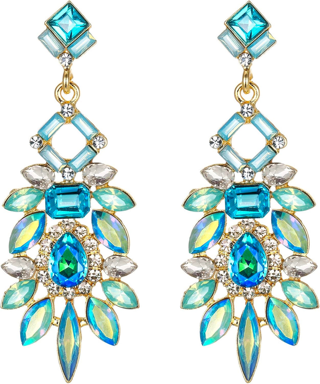 18K Gold Multi Peacock Blue Chandelier Earrings