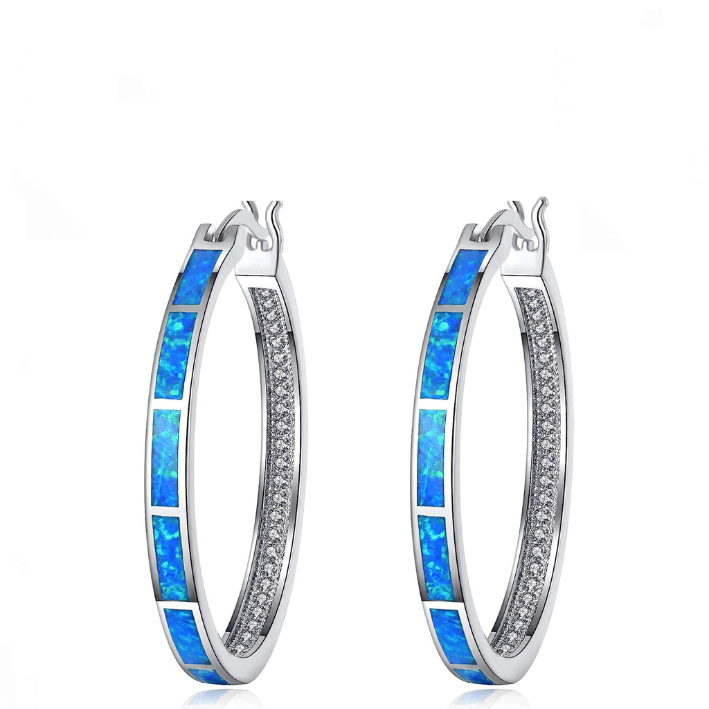 Silver Multi Blue Opal Hoop Earrings