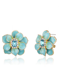 18K Gold Blue Floral Post Earrings