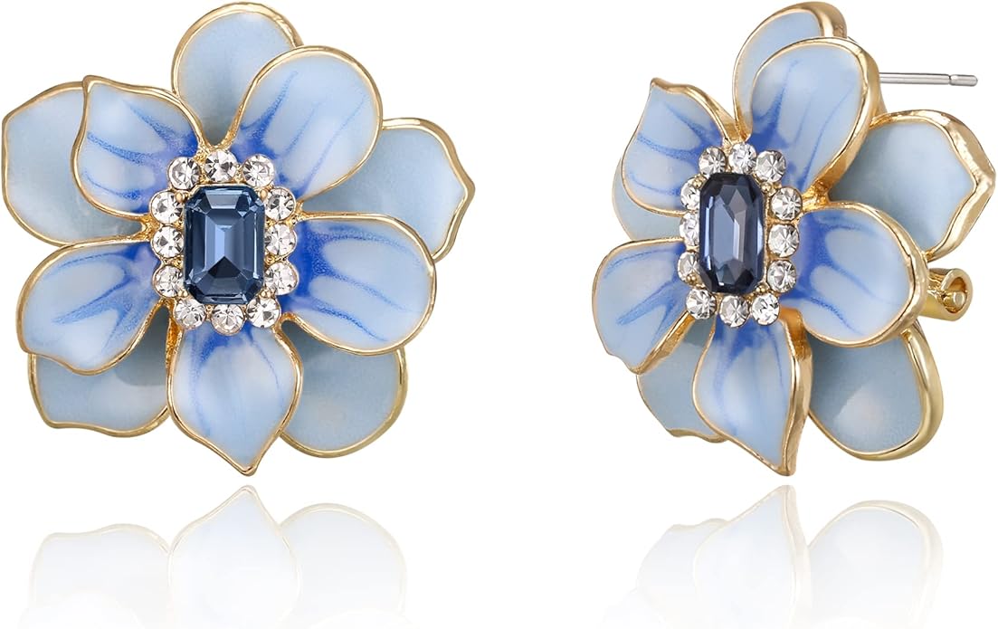 18K Gold Blue Floral Post Earrings