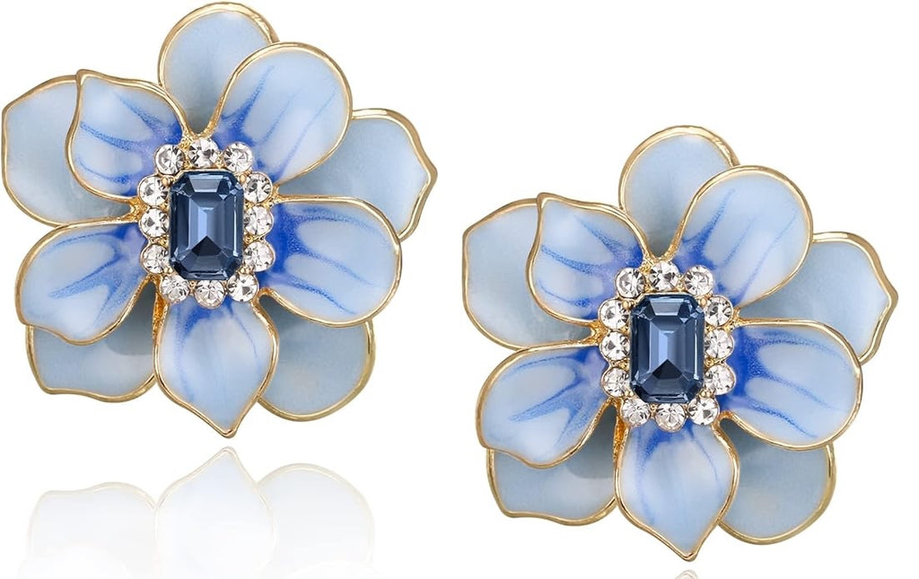 18K Gold Blue Floral Post Earrings