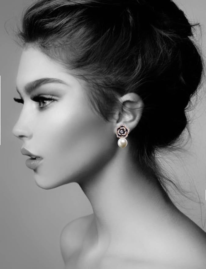 18K Gold Black Rose Embellished Pearl Drop Earrings
