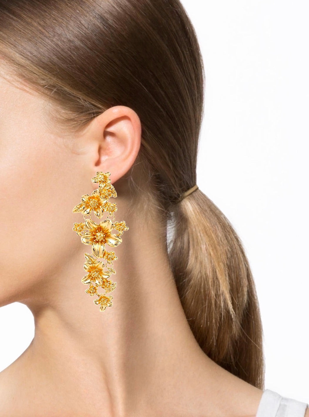 18K Gold Multi Flower Statement Earrings