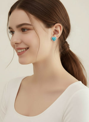 18K Gold Sea Blue Heart Stud Gemstone Earrings