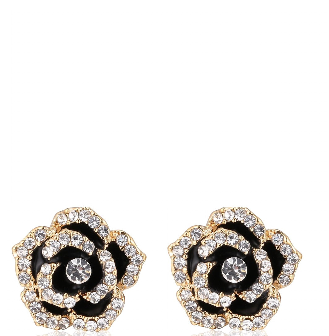 18K Gold Black Enamel Rose Post Earrings