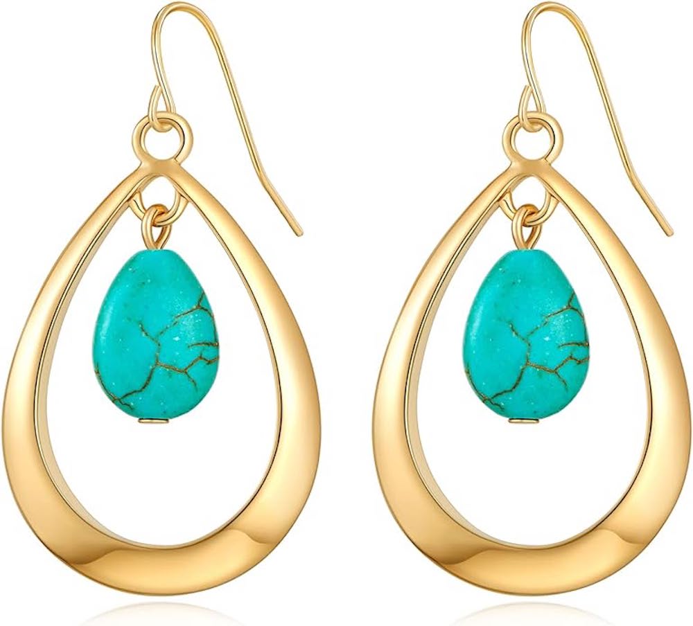 18k Gold Turquoise Drop Oval Earrings