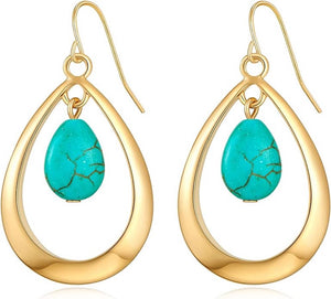 18k Gold Turquoise Drop Oval Earrings