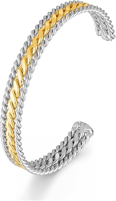 18K Gold & Silver Textured Cuff Bangle