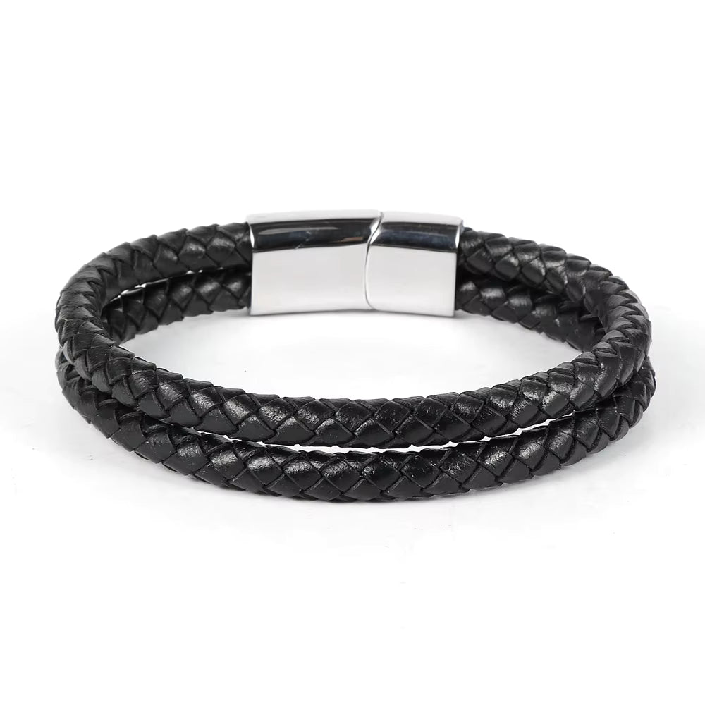 Black Plated Double Row Leather Bracelet - Liv Oliver