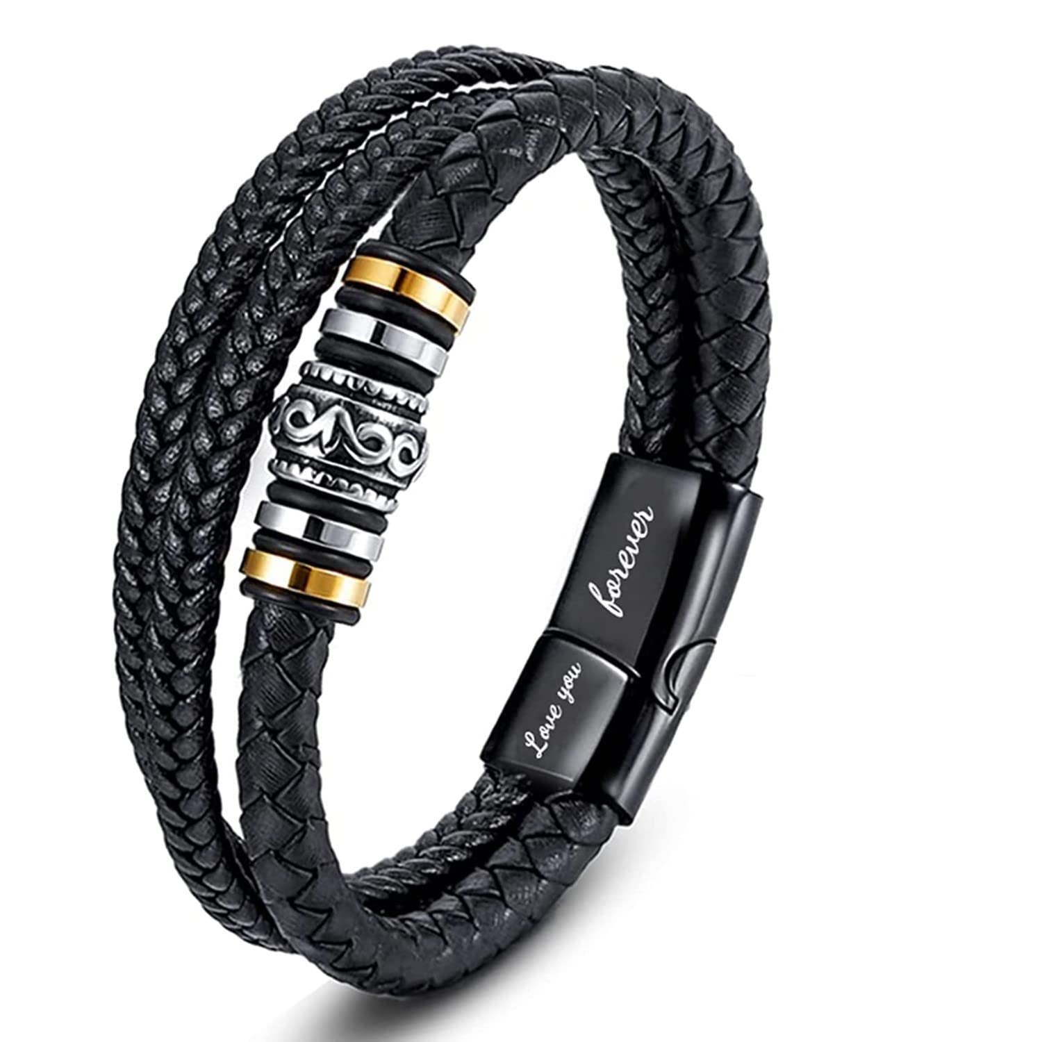 18K Gold Multi Row Black Leather Engraved Bracelet