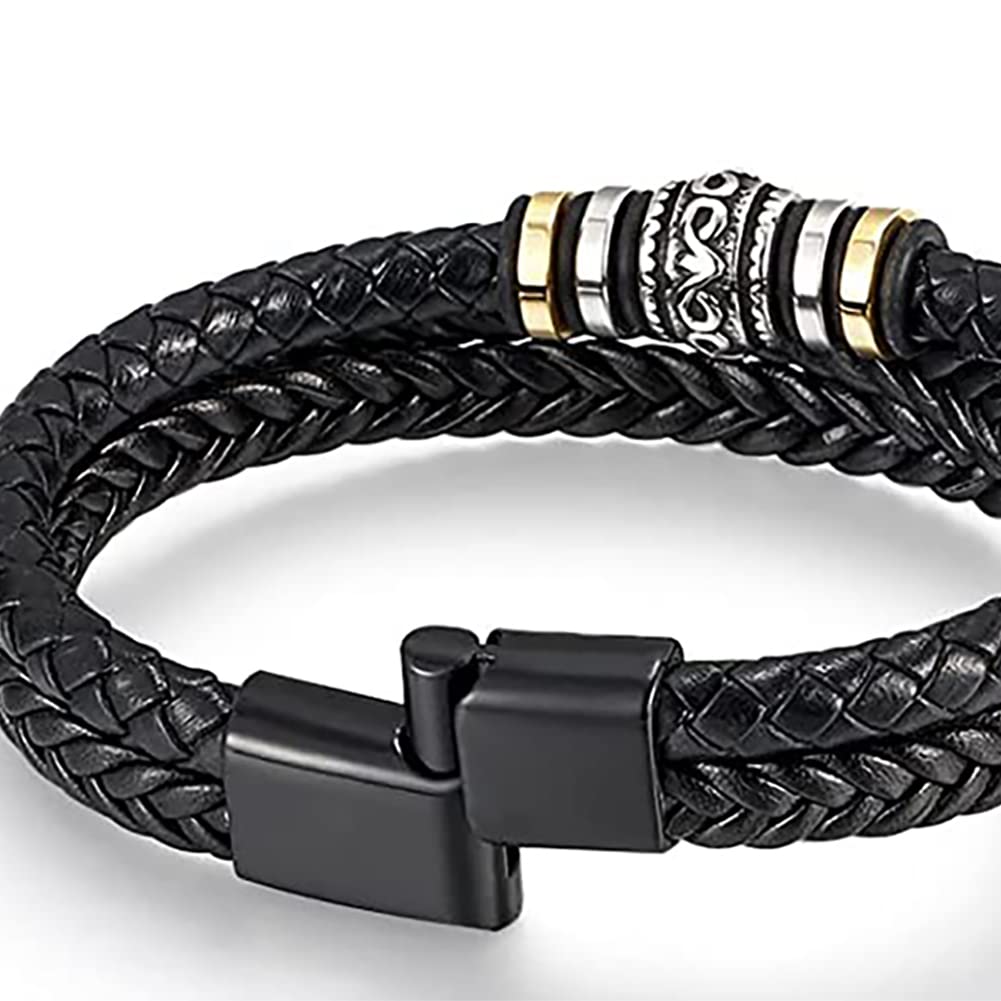 18K Gold Multi Row Black Leather Engraved Bracelet
