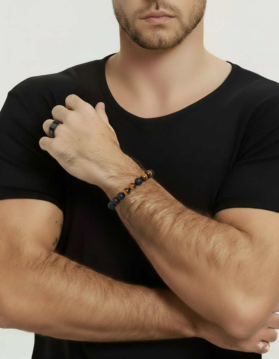 Lava & Tiger Eye Gemstone Adjustable Bracelet