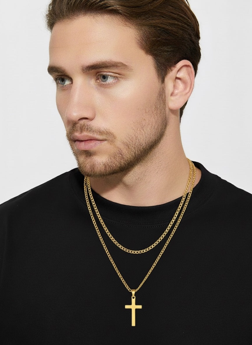 18K Gold Link Layer Cross Necklace