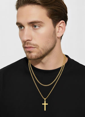 18K Gold Link Layer Cross Necklace