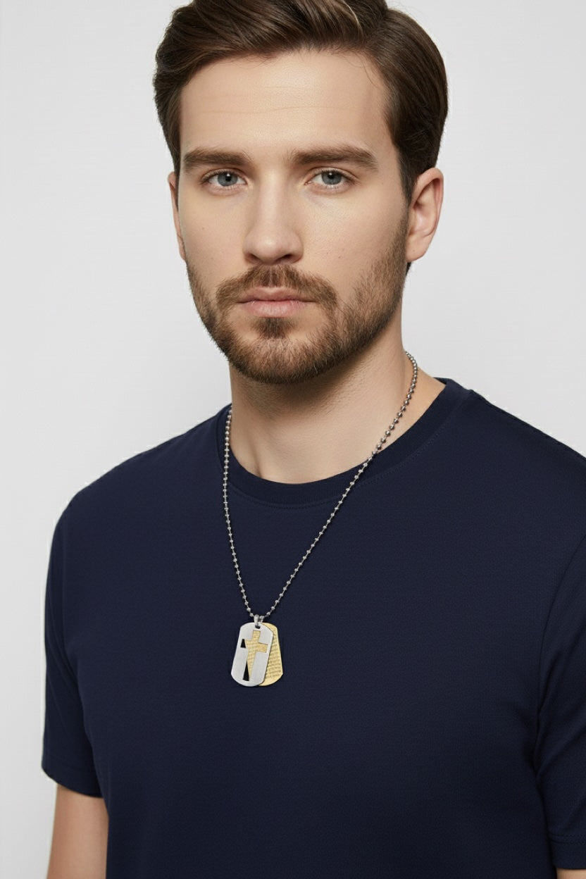 18k Gold & Silver Two Tone Cross Tag Necklace