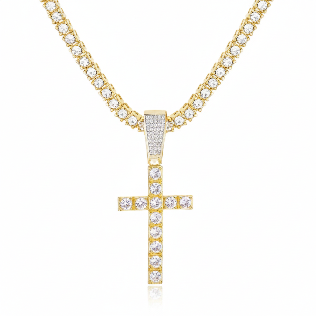 18k Gold Embellished Cz Tennis Cross Necklace