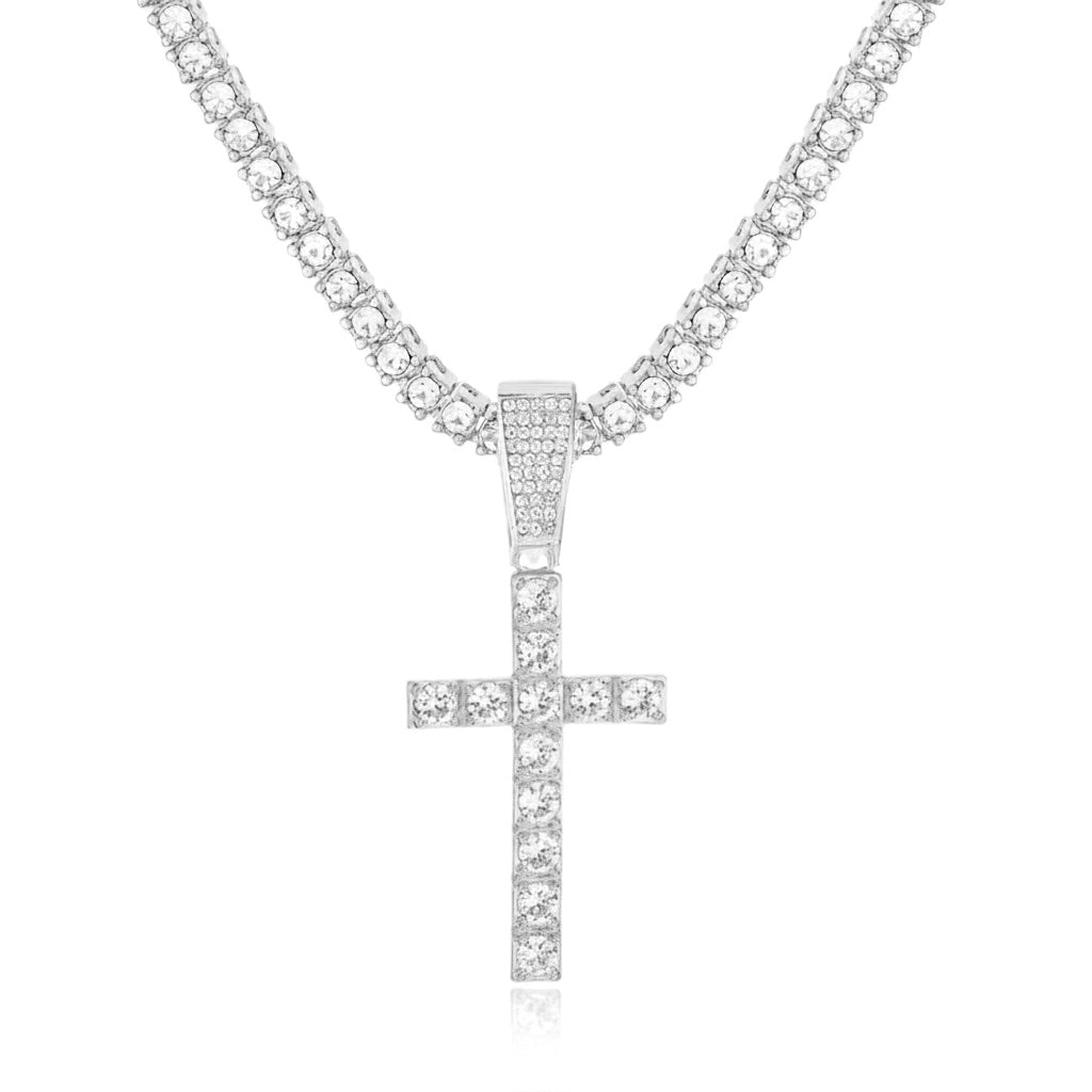 18k Gold Embellished Cz Tennis Cross Necklace