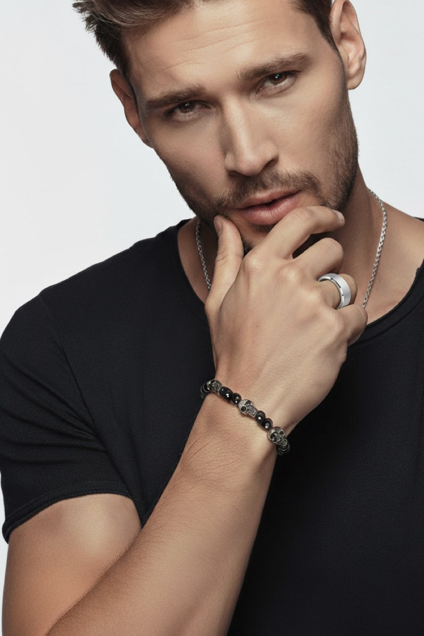 Multi Silver Skull Onyx  Bracelet