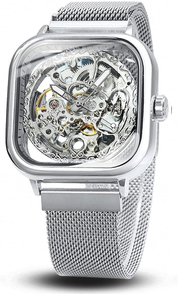 Silver Automatic Stainless Steel Square-shape Wrist Watch